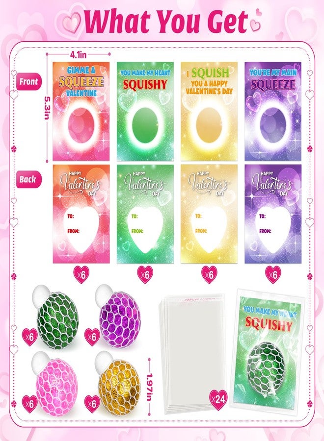 spring flower SpringFlower 24 Pack Valentines Day Card,Valentines Day with Squeeze Stretch Fidget Toy Ball,Kids School Classroom Valentines Card Gifts Exchange Valentine Party Favors Prize for Kids - Image 2